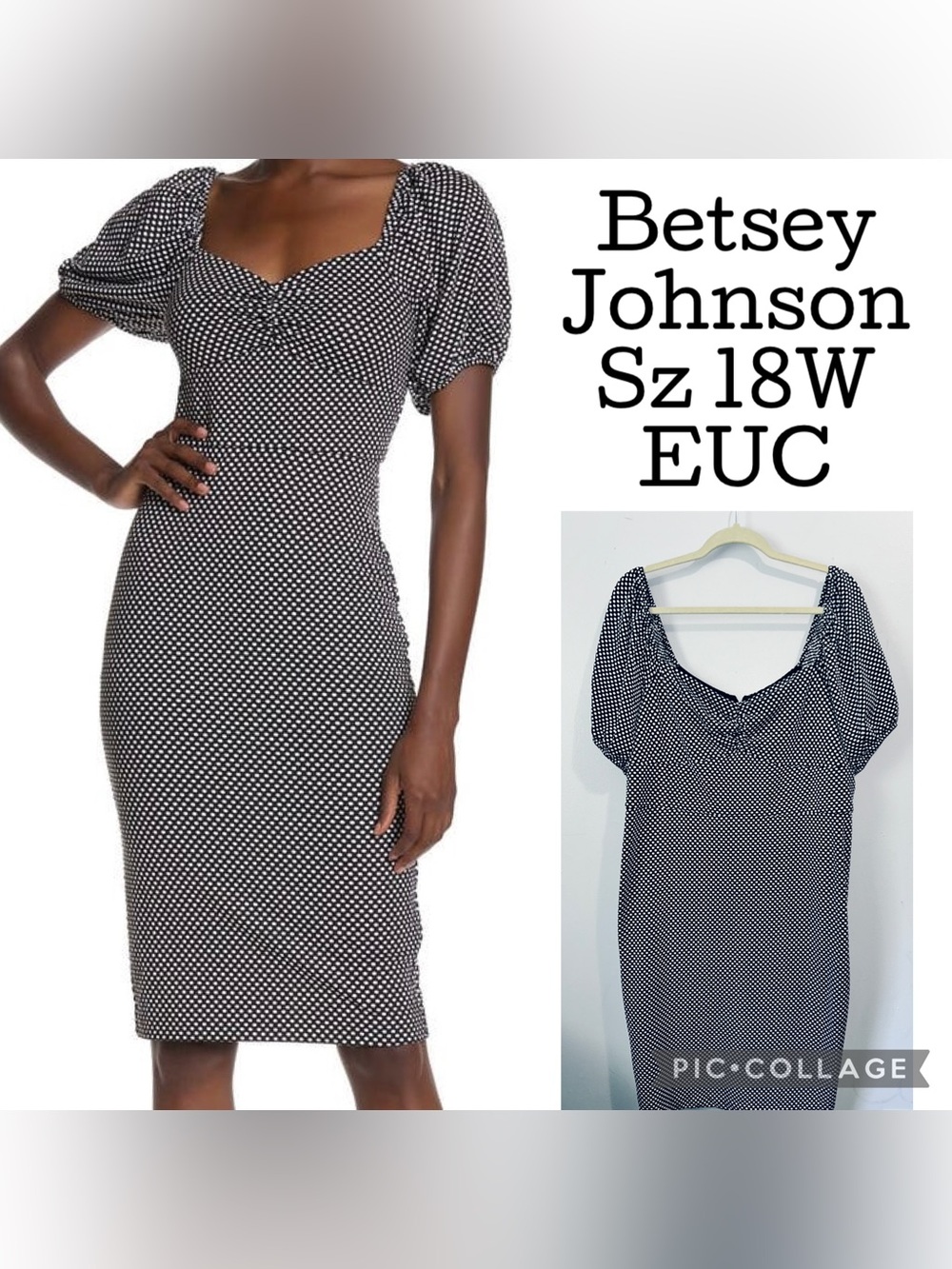BETSEY JOHNSON Short Puff Sleeve Polka Dot Print Midi Dress. SZ 18W. EUC